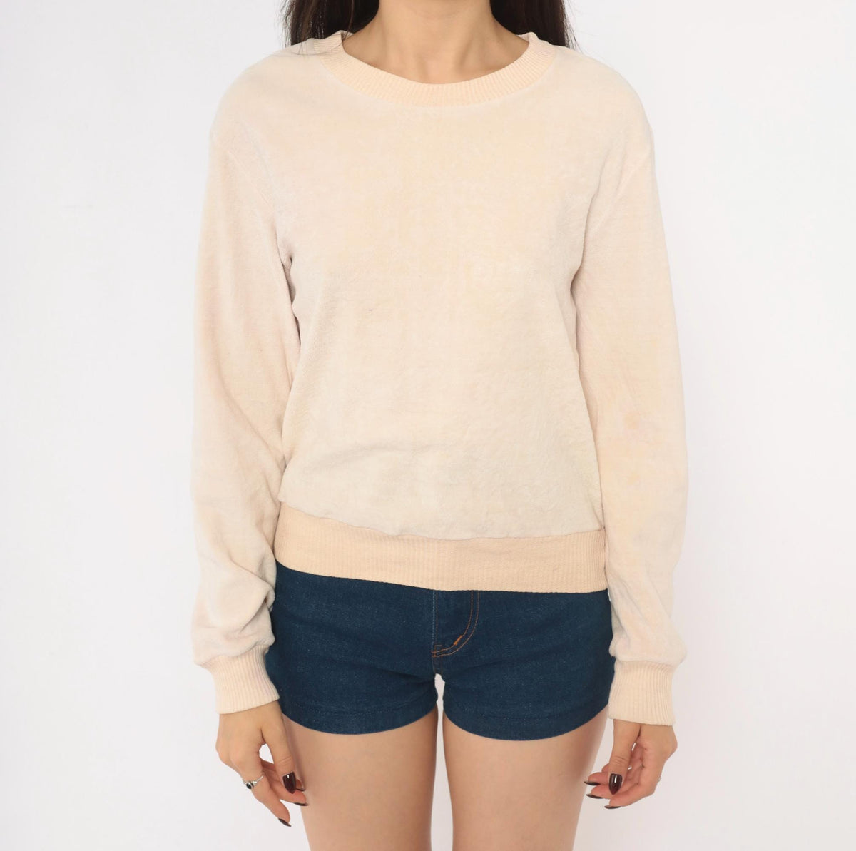 80s St Martine Velour Sweatshirt Cream Blush Pink Ribbed Crew Pullover Medium