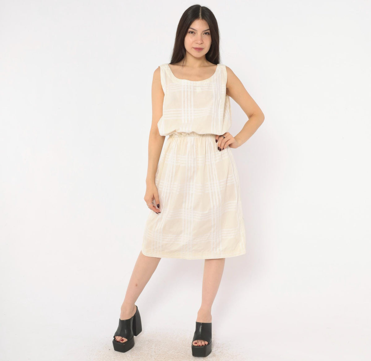 80s Cream Plaid Sleeveless Sundress Scoop Neck Blouson Waist Medium M
