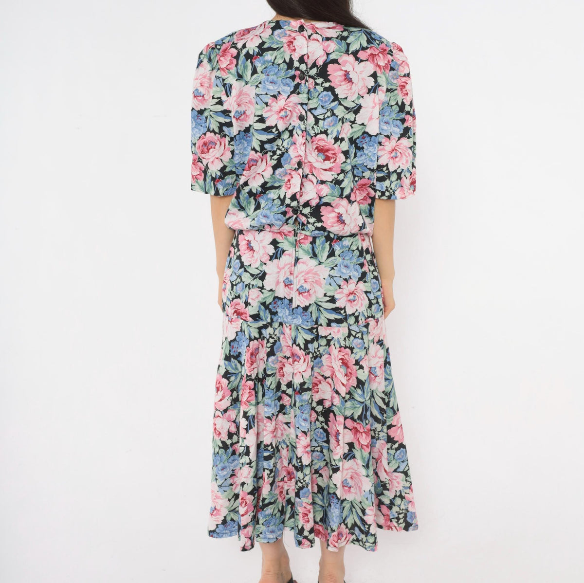 80s Floral Midi Dress Black Pink Rose Lace Collar Puff Sleeve Drop Waist Large L