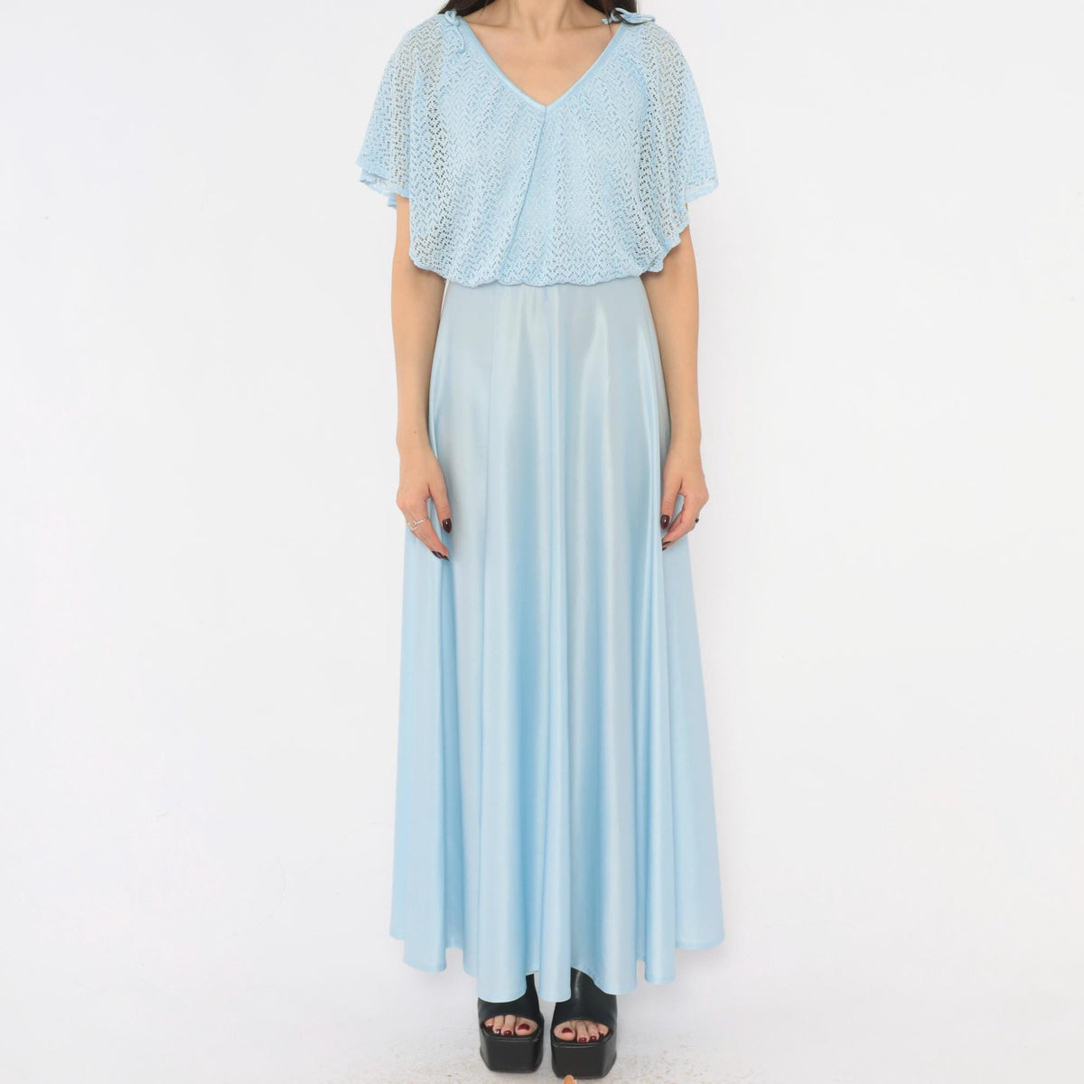 70s Light Blue Maxi Dress Pointelle Knit Capelet V Neck Flutter Sleeve Small