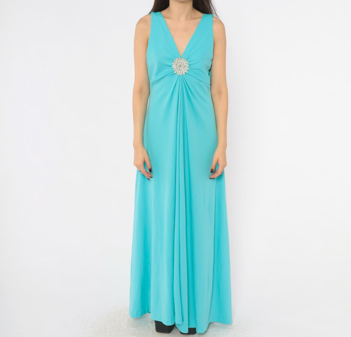 70s Turquoise Maxi Dress Deep V Neck Empire Waist Rhinestone Brooch Large L