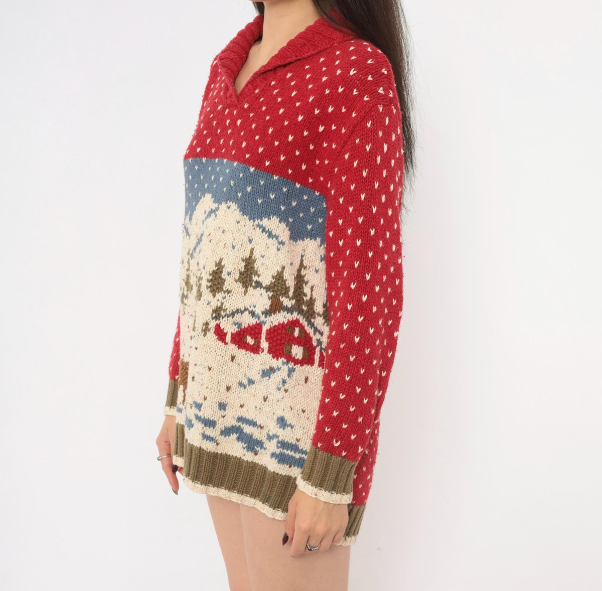90s Liz Claiborne Hand Knit Reindeer Sweater Red Shawl Collar Small