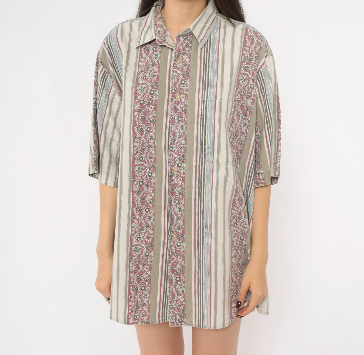 90s Key Elements Striped Floral Cotton Shirt Cream Rust Extra Large XXL