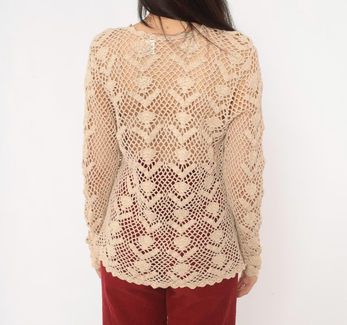 90s Beige Crochet Cardigan Floral Openwork Knit Small S