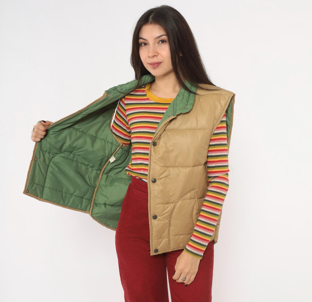 80s Aramis Devin Puffer Vest Tan Reversible Green Quilted Snap Medium