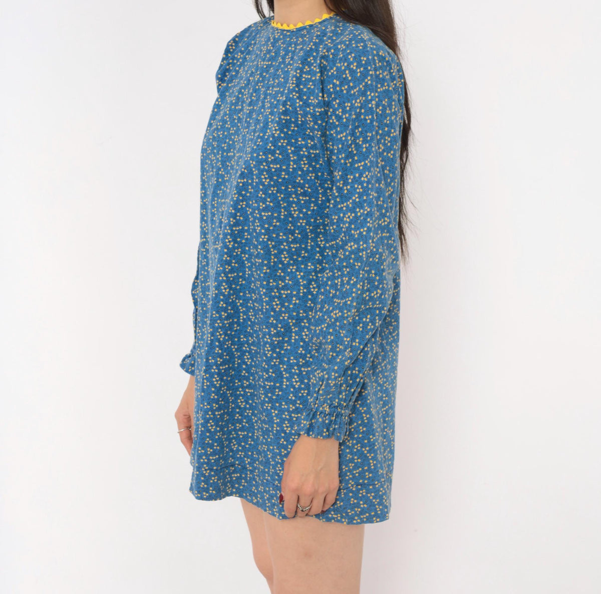 70s Ditsy Floral Cotton Mini Dress Blue Yellow Ric Rac Long Sleeve Extra Small XS