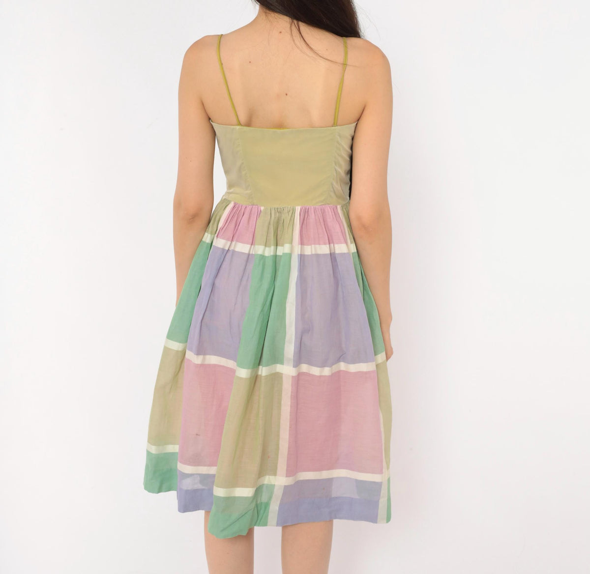 60s Pastel Plaid Sundress Sweetheart Neckline Gathered Skirt Cotton XS