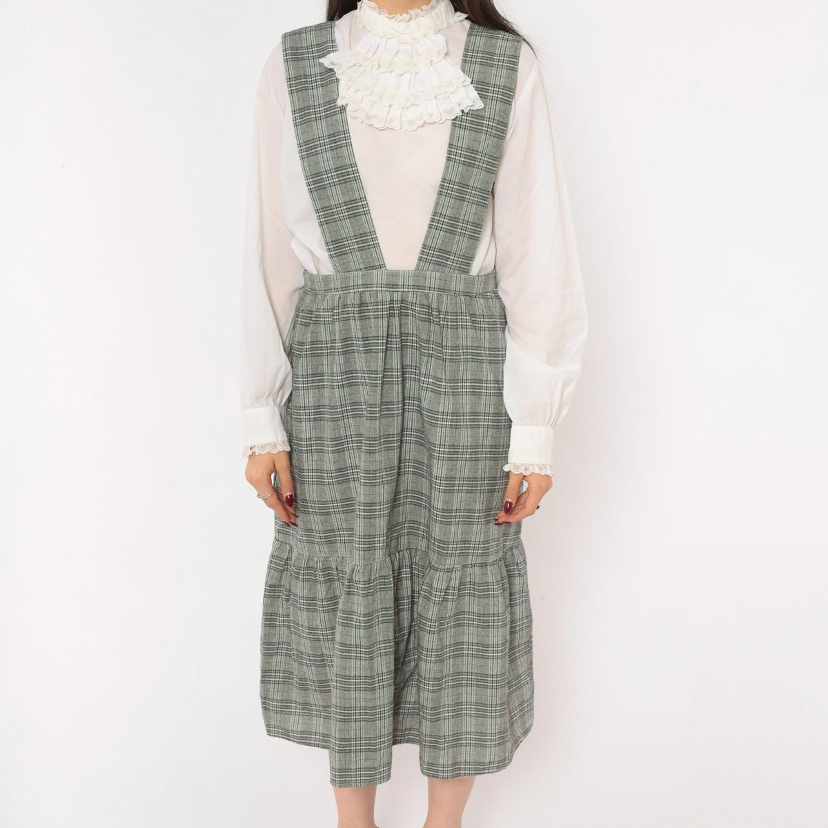 90s Grey Glen Plaid Pinafore Dress V-Neck Suspender Straps Tiered Ruffle Medium M