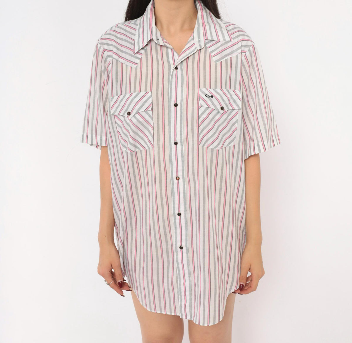 90s Silver Spur Western Snap Shirt Striped Pink Grey White Cotton Medium