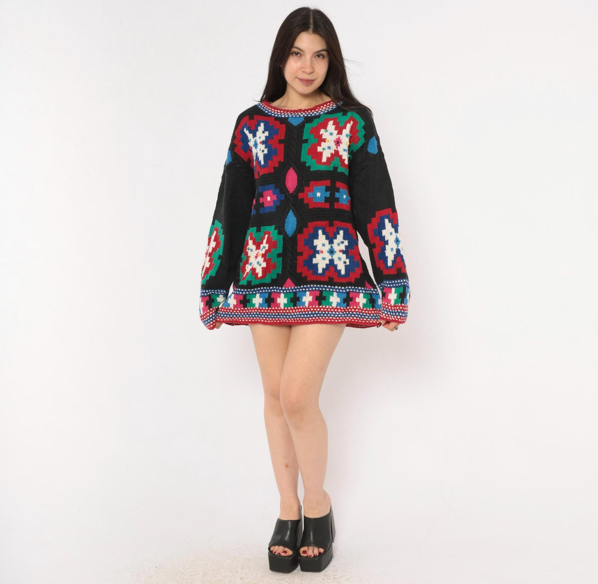90s Hunter's Run Southwestern Patchwork Beaded Knit Pullover Black Small