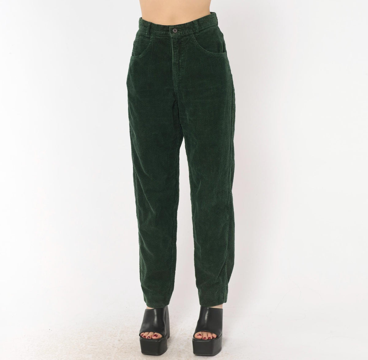 Benetton Emerald Corduroy High-Waist Pants 80s Forest Green Cotton Trousers XS
