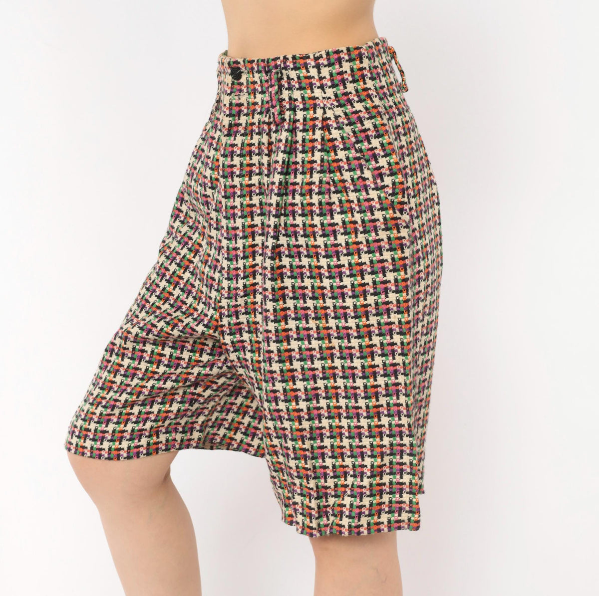 90s For Pete's Sake Houndstooth Pleated Bermuda Shorts Multicolor Linen Small
