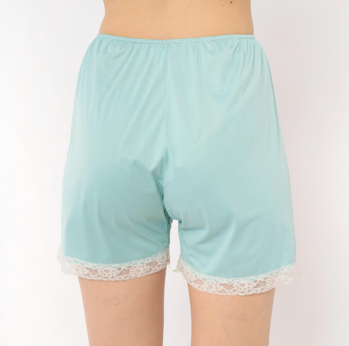 70s Penneys Light Blue Nylon Bloomers White Floral Lace Appliqué Tap Pants Small Medium