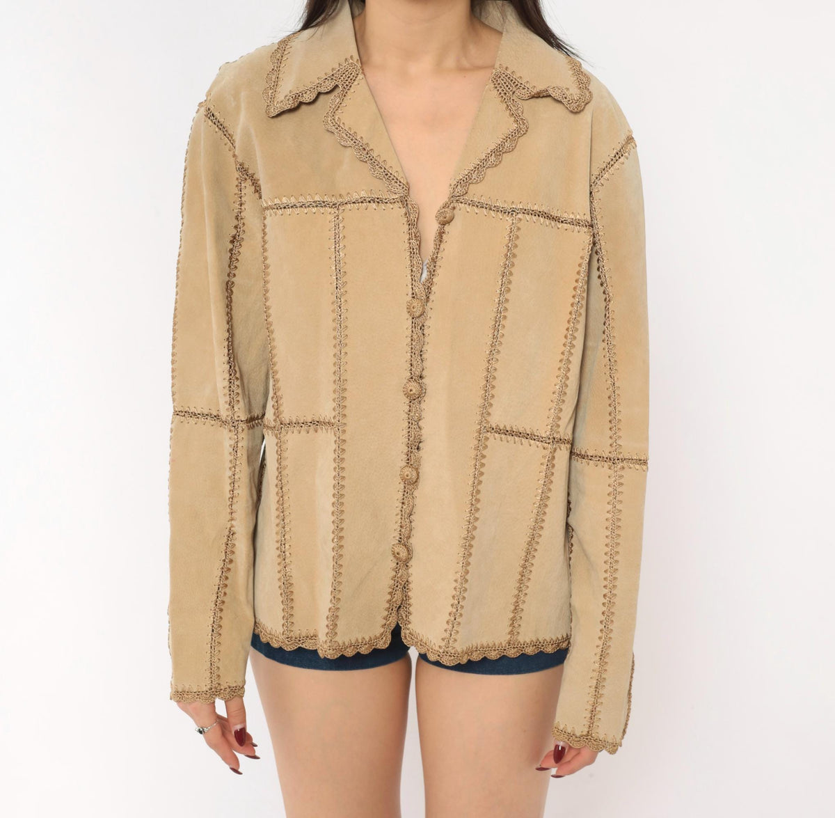 2000s Tan Suede Patchwork Jacket Crochet Trim Button Front Medium