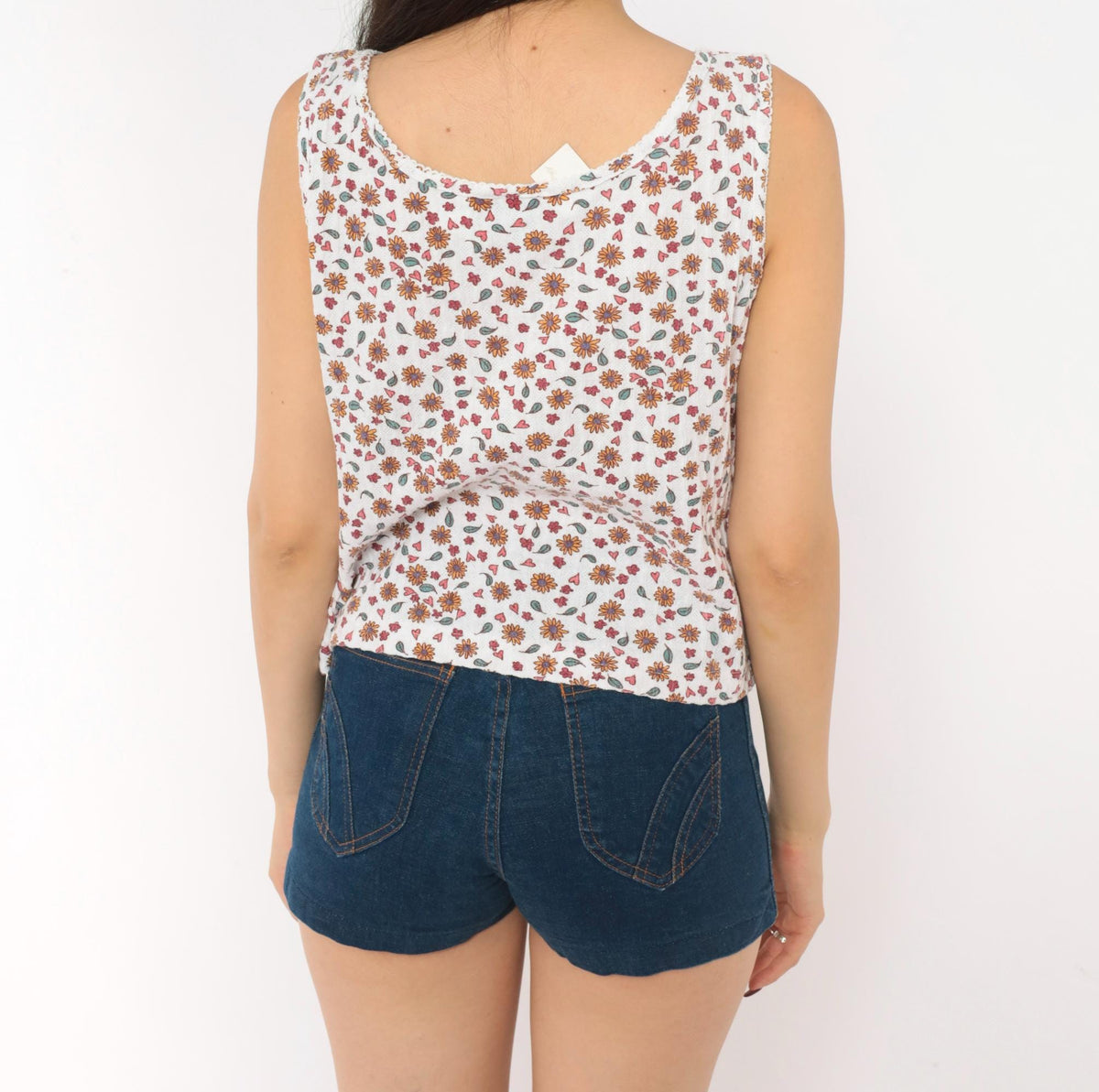 90s Denim Republic Floral Button Tank Sunflower Heart Print White Large L