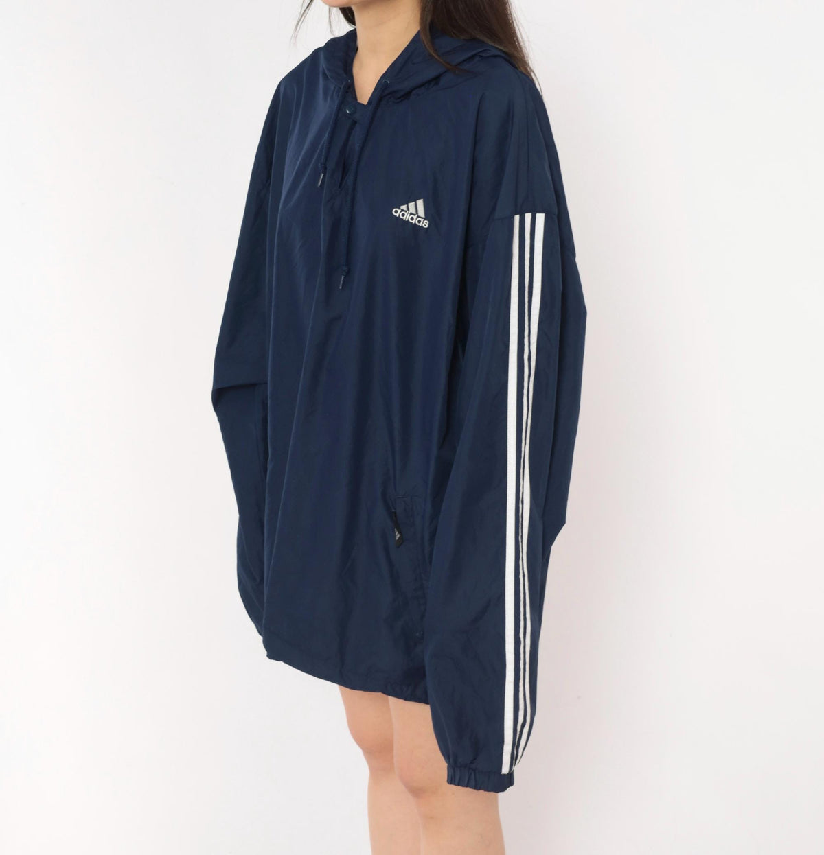 Y2K Adidas Navy Windbreaker Anorak Hooded Pullover White Stripe Extra Large XL