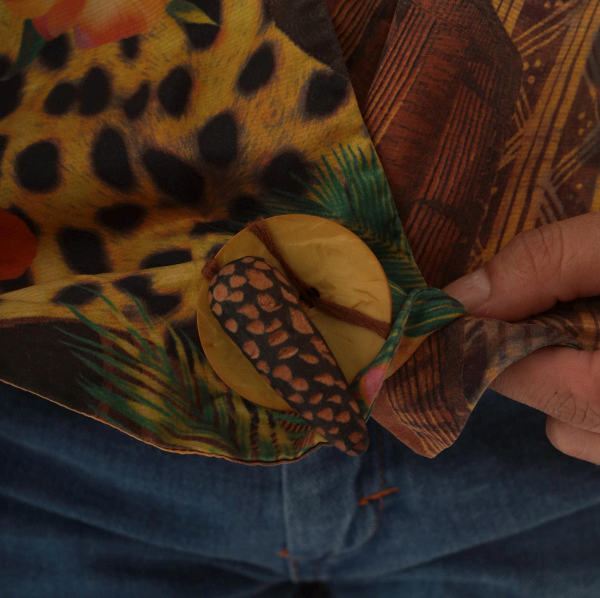 90s Silk Kimono Jacket Tropical Leopard Print Yellow Green Small