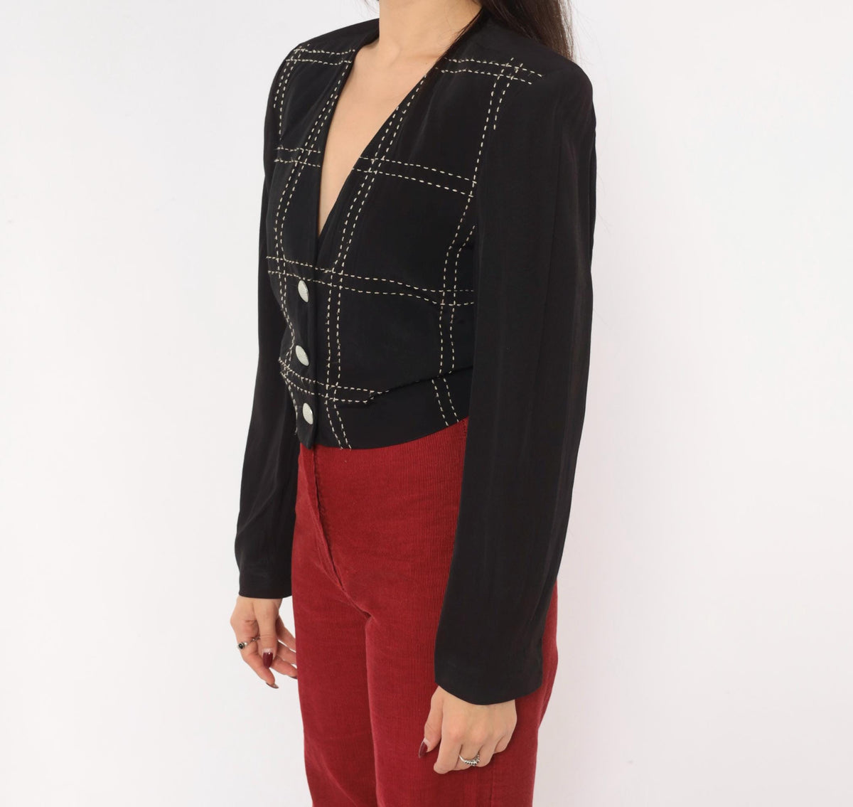 90s Karen Kane Cropped Blazer Black White Grid Stitch V-Neck Extra Small XS