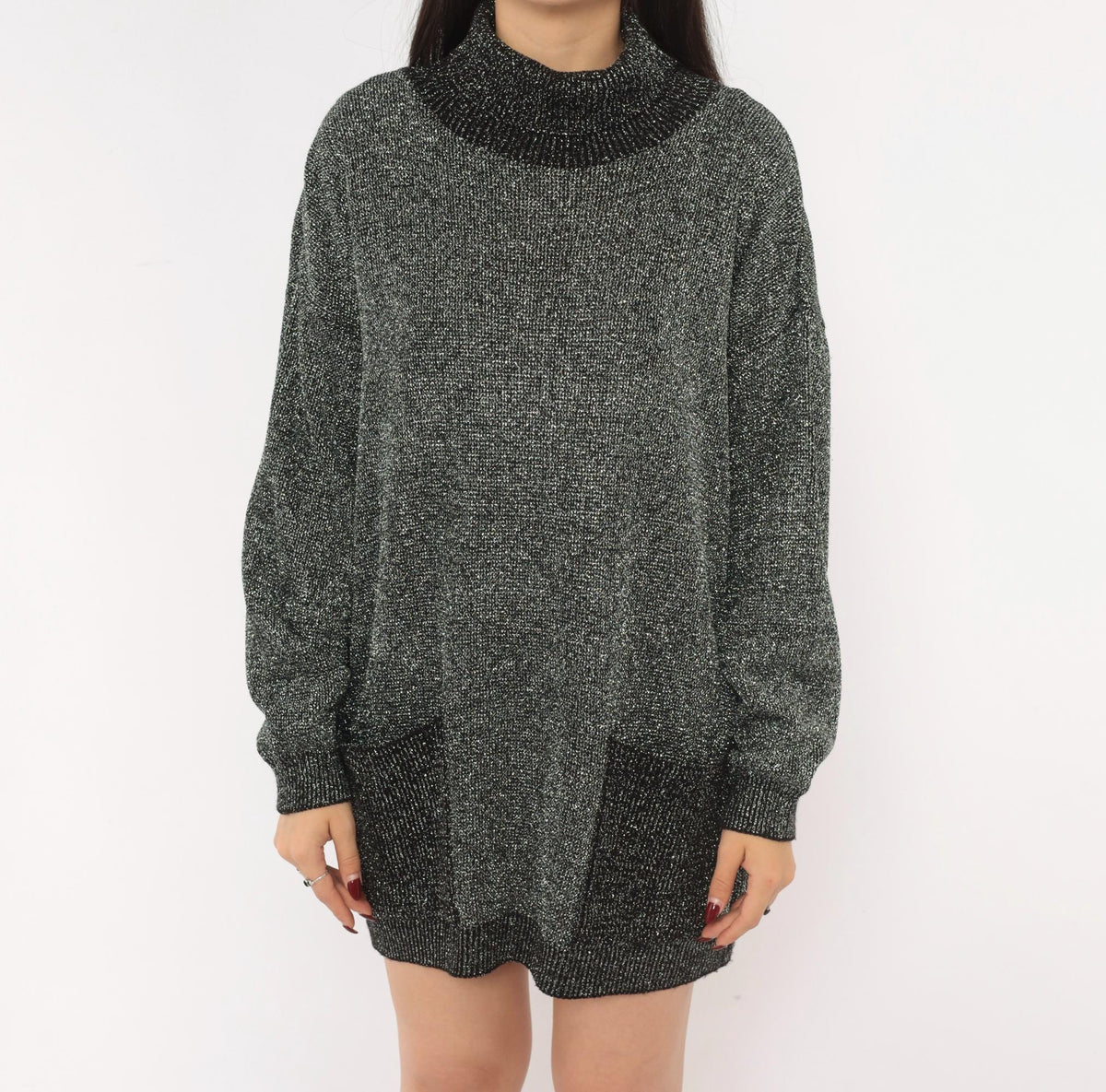 80s Black Silver Lurex Knit Mini Dress Cowl Turtleneck Balloon Sleeve Medium