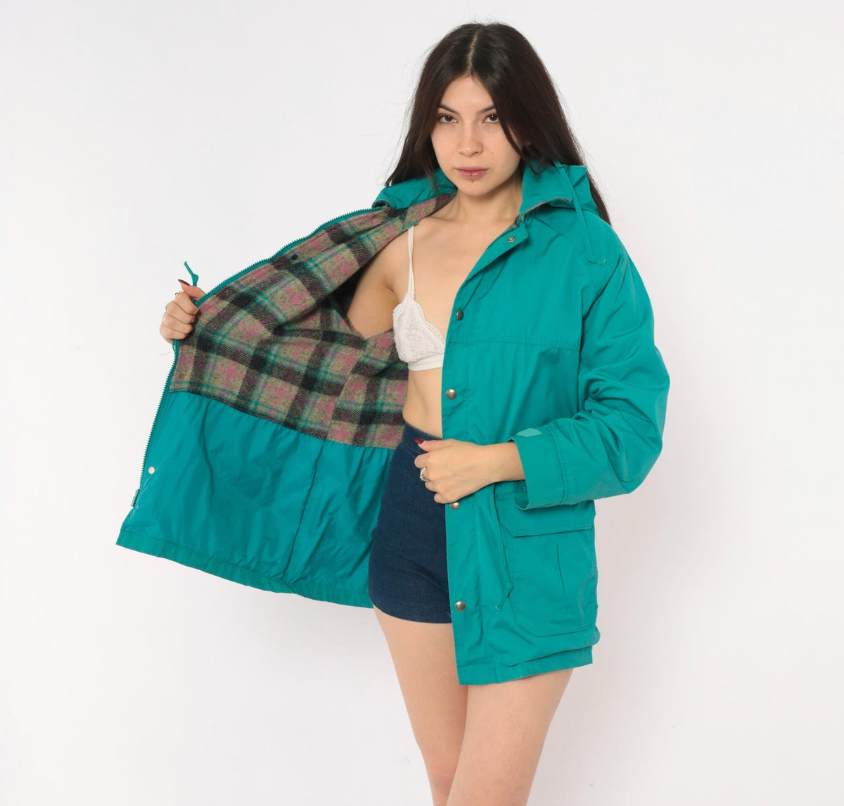80s Woolrich Teal Hooded Parka Plaid Lined Windbreaker Small