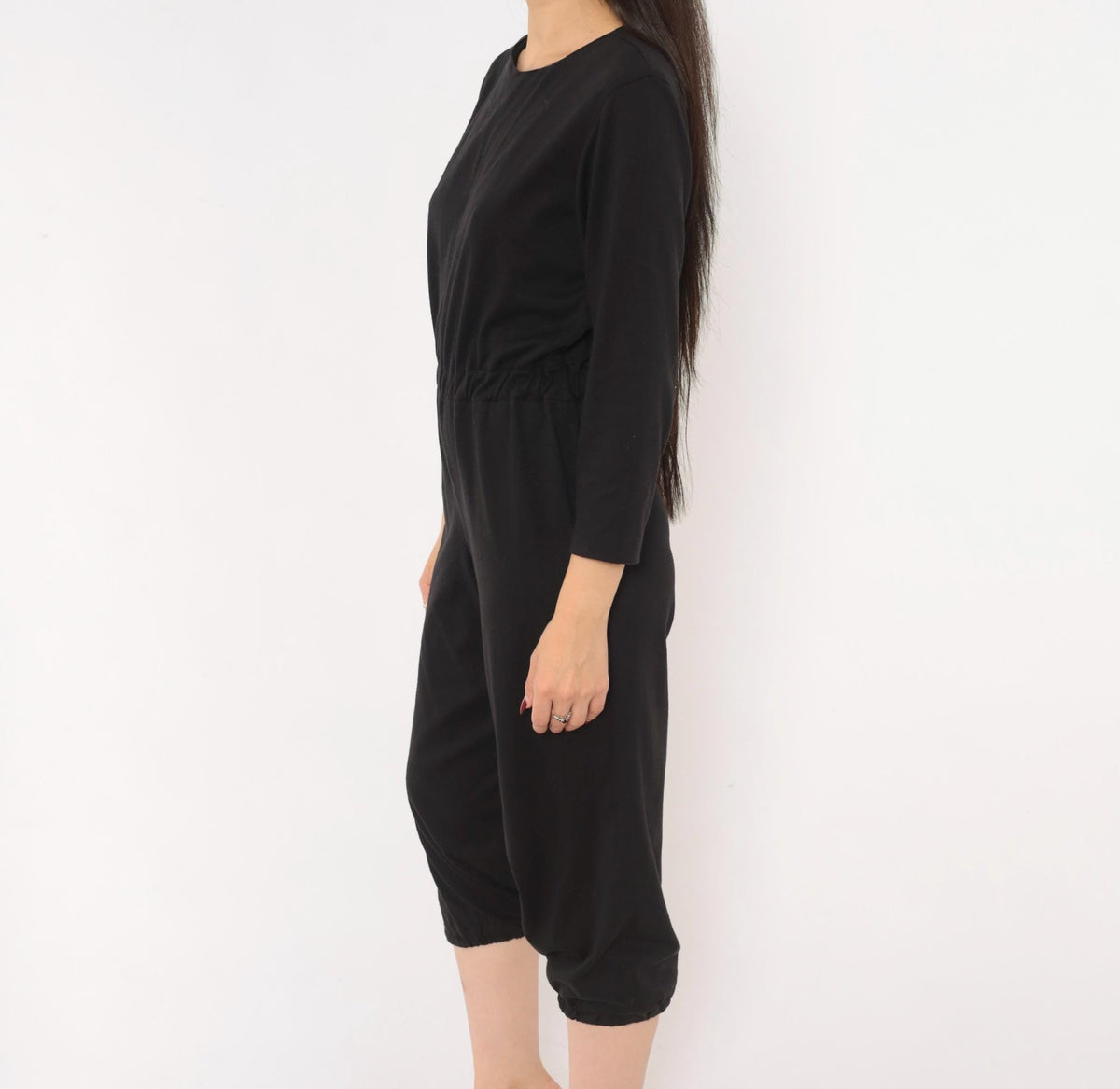 80s Black Jumpsuit Cropped Leg Three Quarter Sleeve Scoop Neck Small