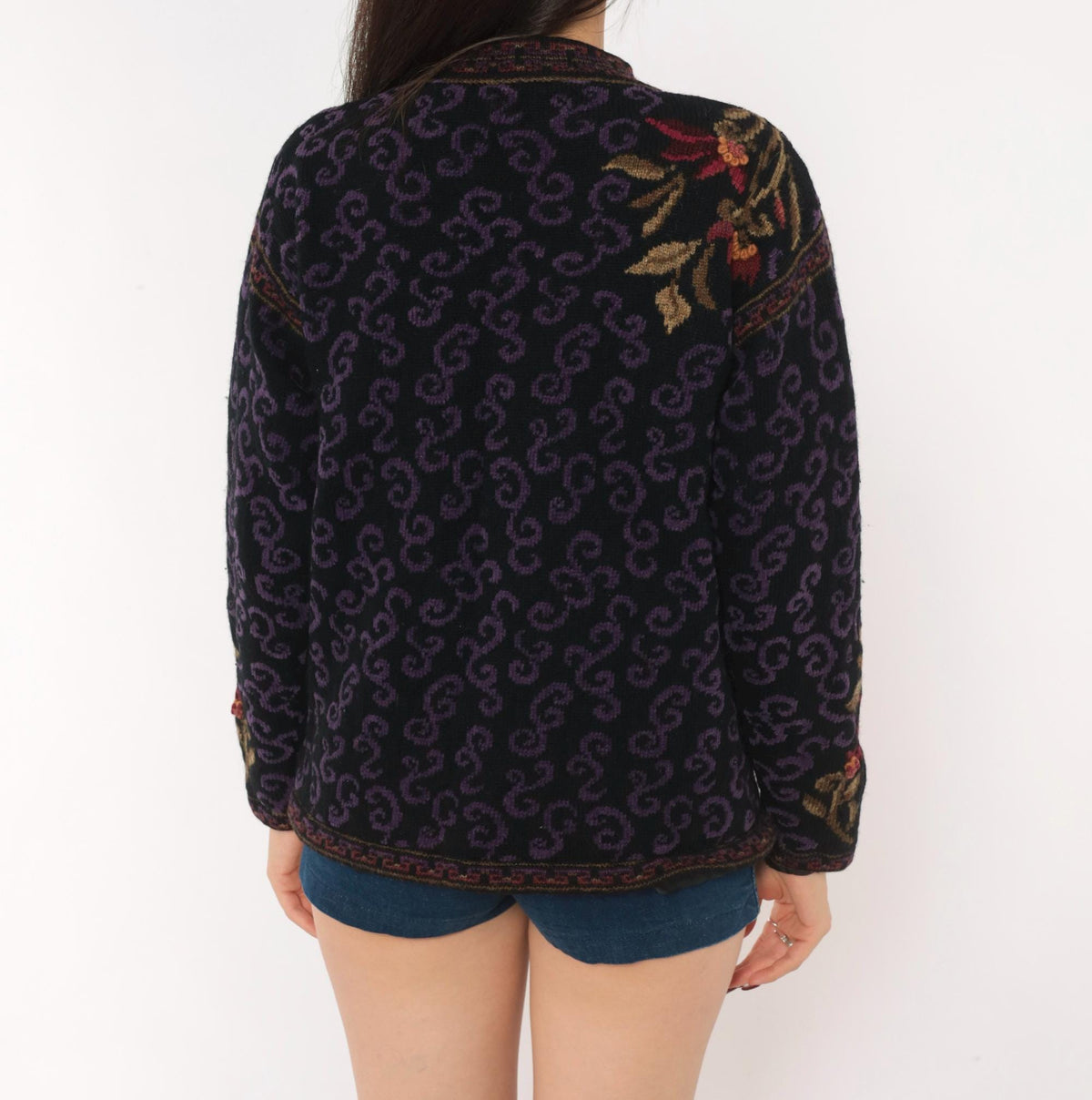80s Icelandic Design Wool Cardigan Black Purple Floral Jacquard Small