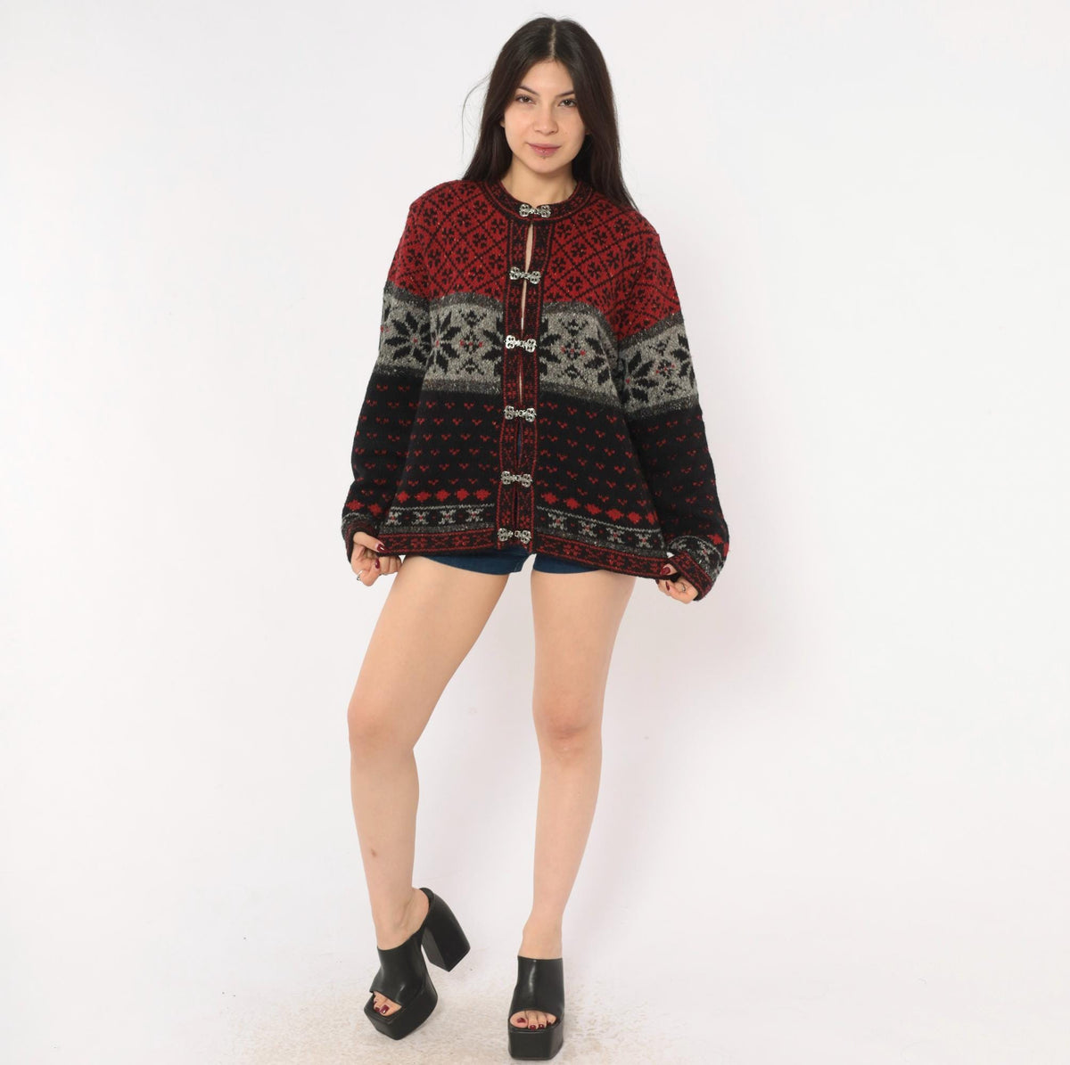 90s Croft & Barrow Nordic Cardigan Wool Blend Fair Isle Snowflake Black Grey Medium M