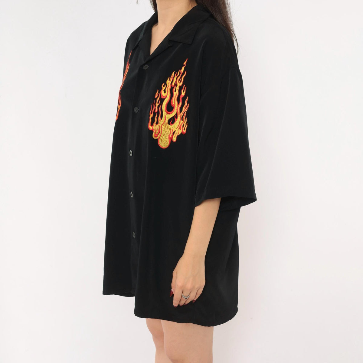 2000s Silver Point Black Bowling Shirt Flame Embroidered Camp Collar Extra Large XL