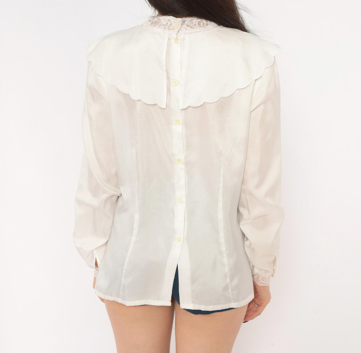 80s Nicola Embroidered Floral Lace Blouse High Neck Puff Sleeve Ivory Medium M