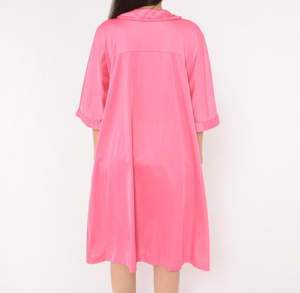 80s Lorraine Pink Satin Robe Peter Pan Collar Embroidered Floral Large