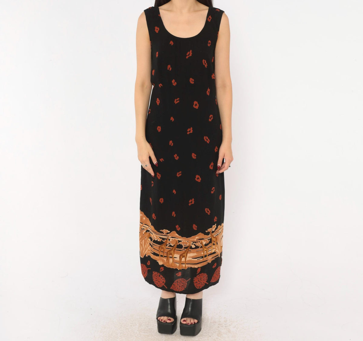 90s K Woman Safari Giraffe Maxi Dress Black Animal Print Tie Back Plus Size 1X