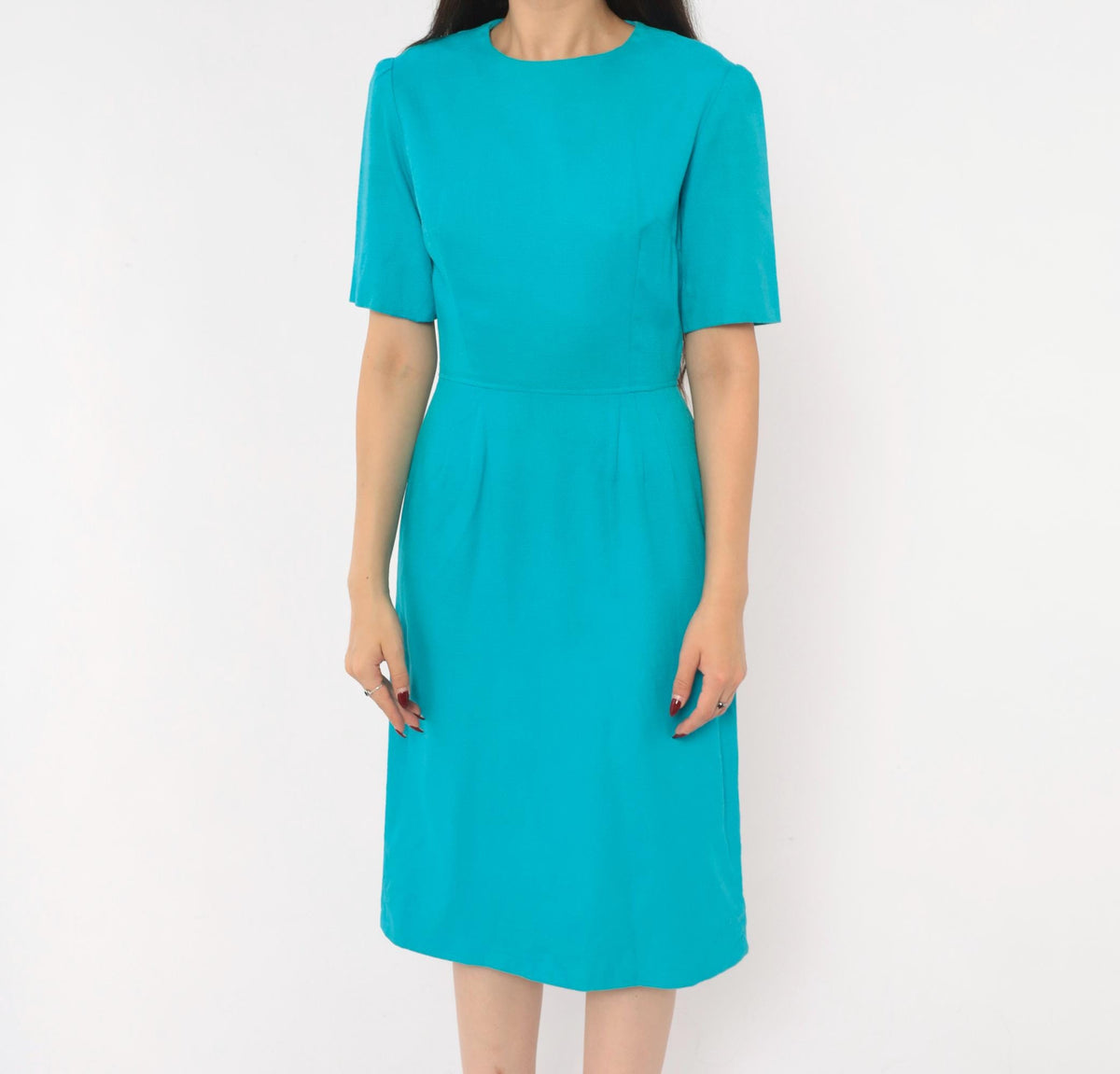 60s Teal Sheath Dress Puff Sleeve Back Zipper Knee Length Extra Small