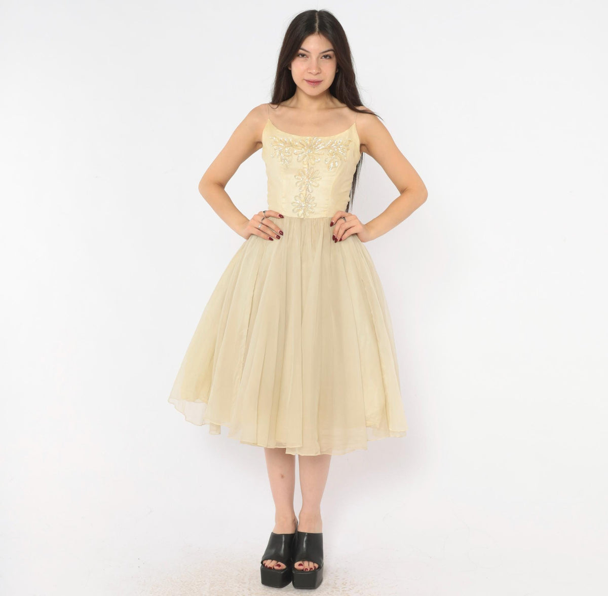 1950s Cream Sequin Floral Party Dress Full Skirt Chiffon Extra Small XS