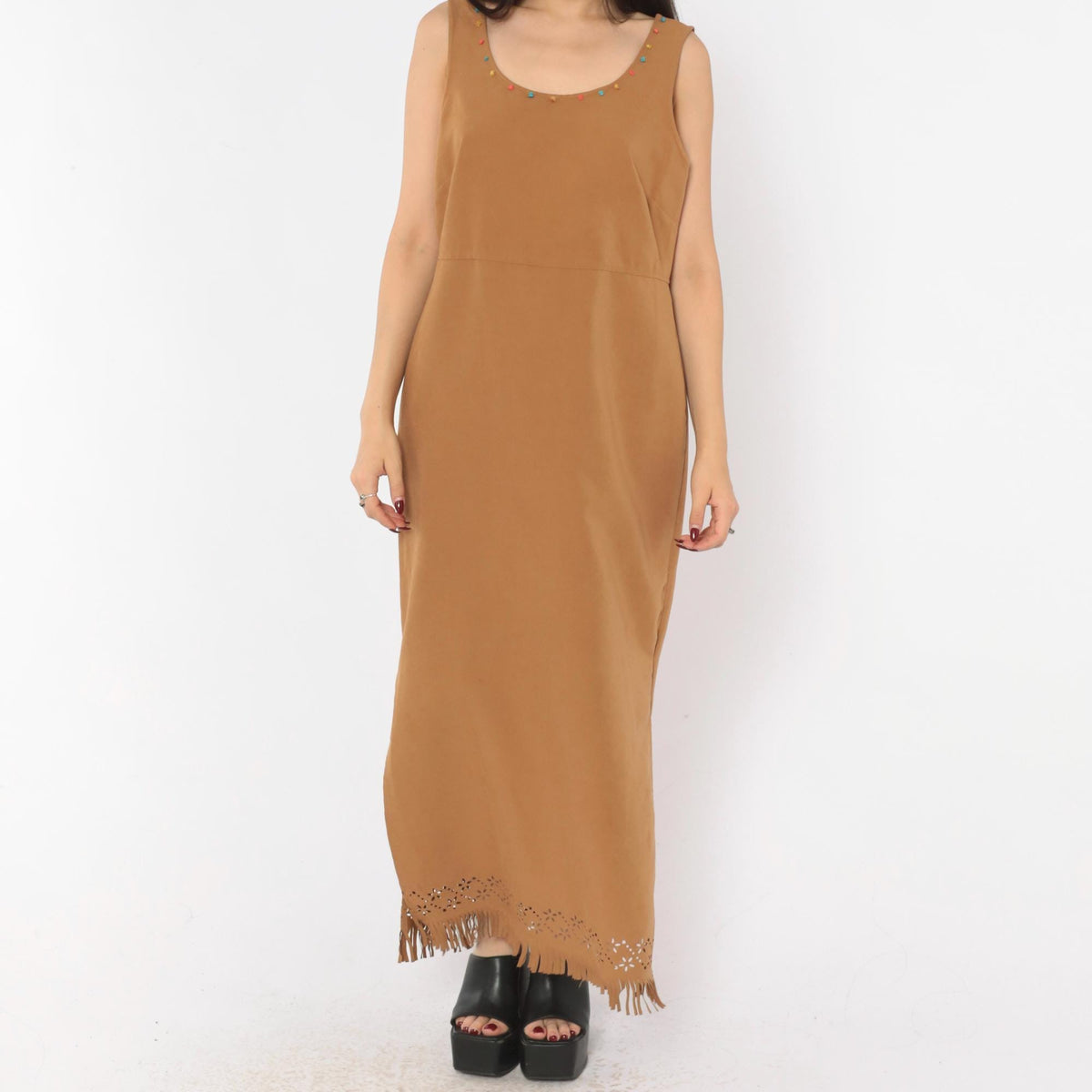 Jessica Howard 2000s Tan Faux Suede Maxi Dress Beaded Scoop Neck Fringe Medium M