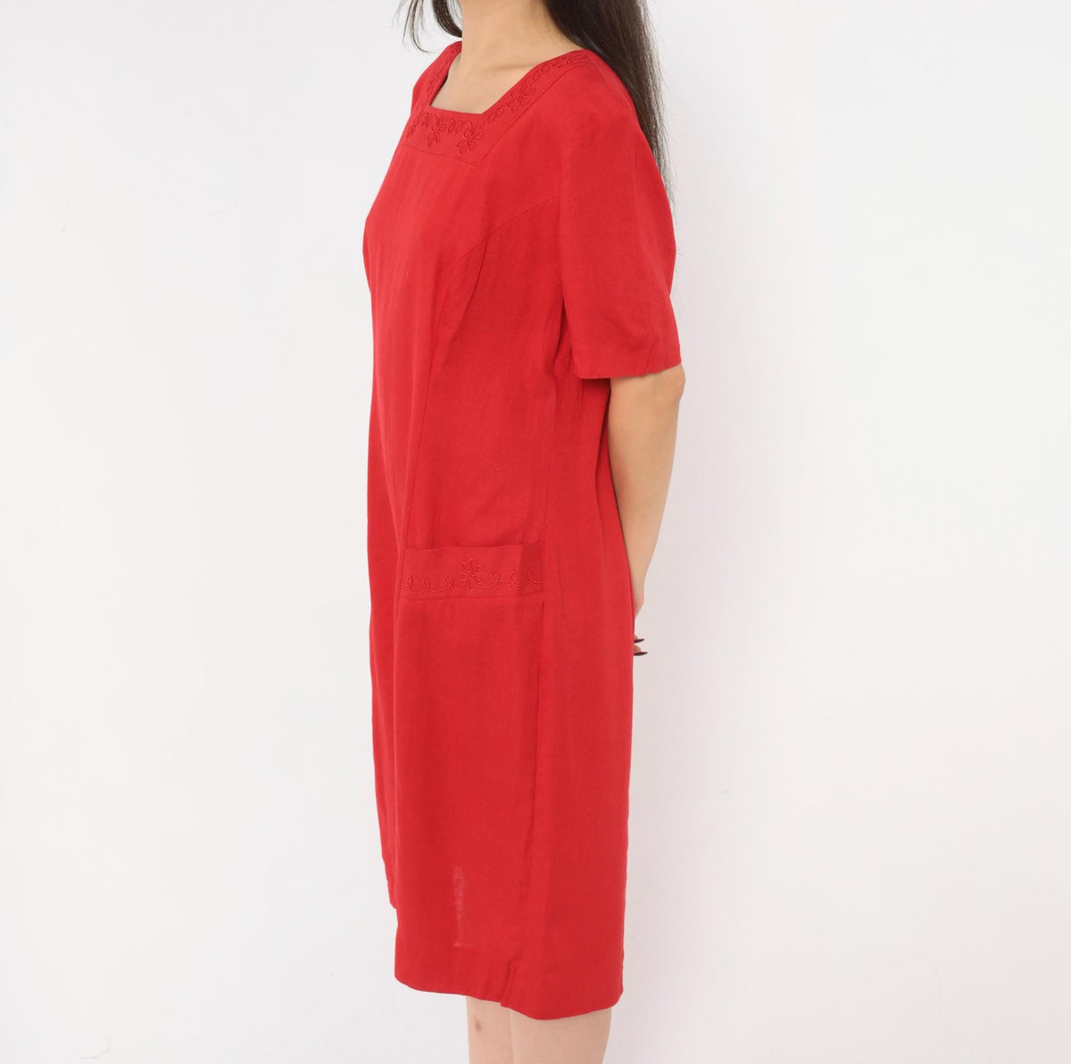 80s Lanz Originals Red Shift Dress Square Neck Soutache Embroidery Large L