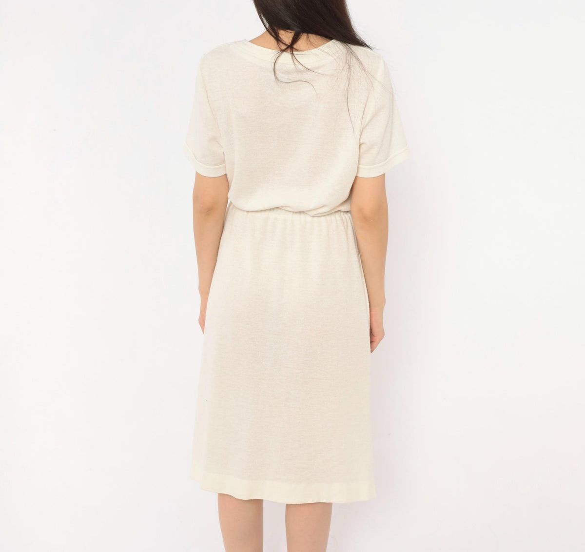 70s Cream Henley Dress Button Front A-Line Knee Length Short Sleeve Small Medium