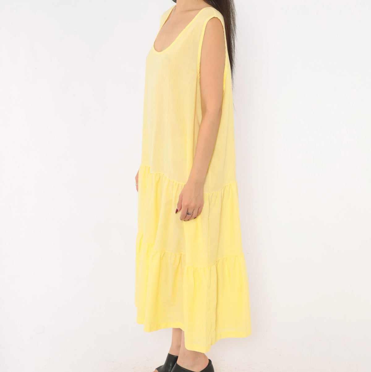 90s Butter Yellow Tiered Midi Sundress Anne Leslie Plus Scoop Neck XXL