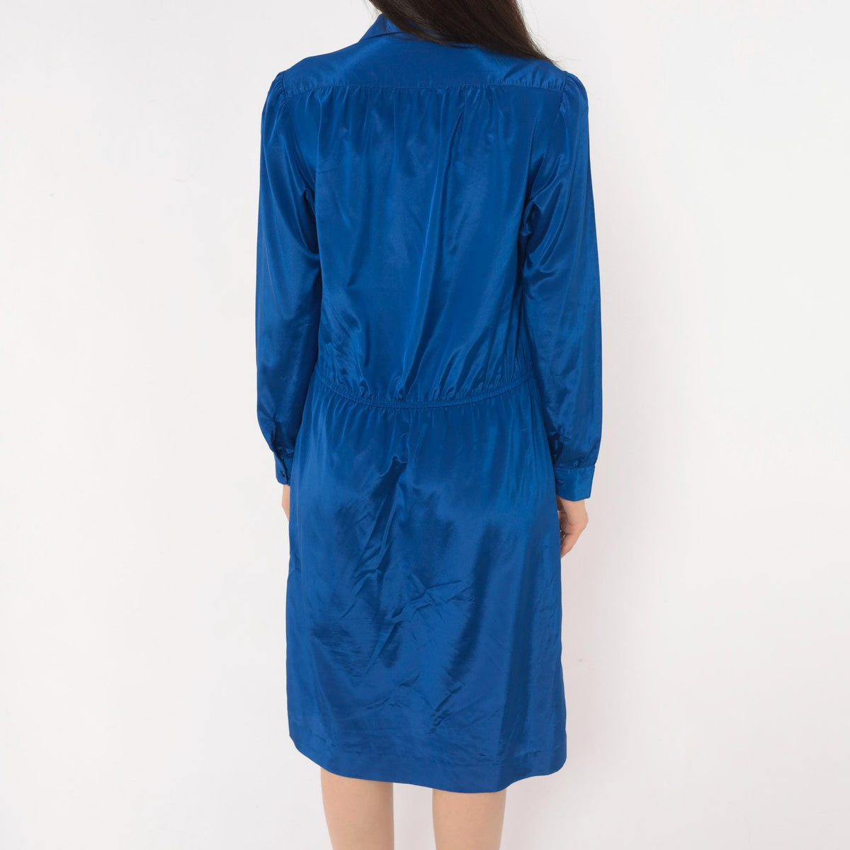80s Cobalt Blue Satin Shirt Dress V Neck Gathered Waist Knee Length Medium M