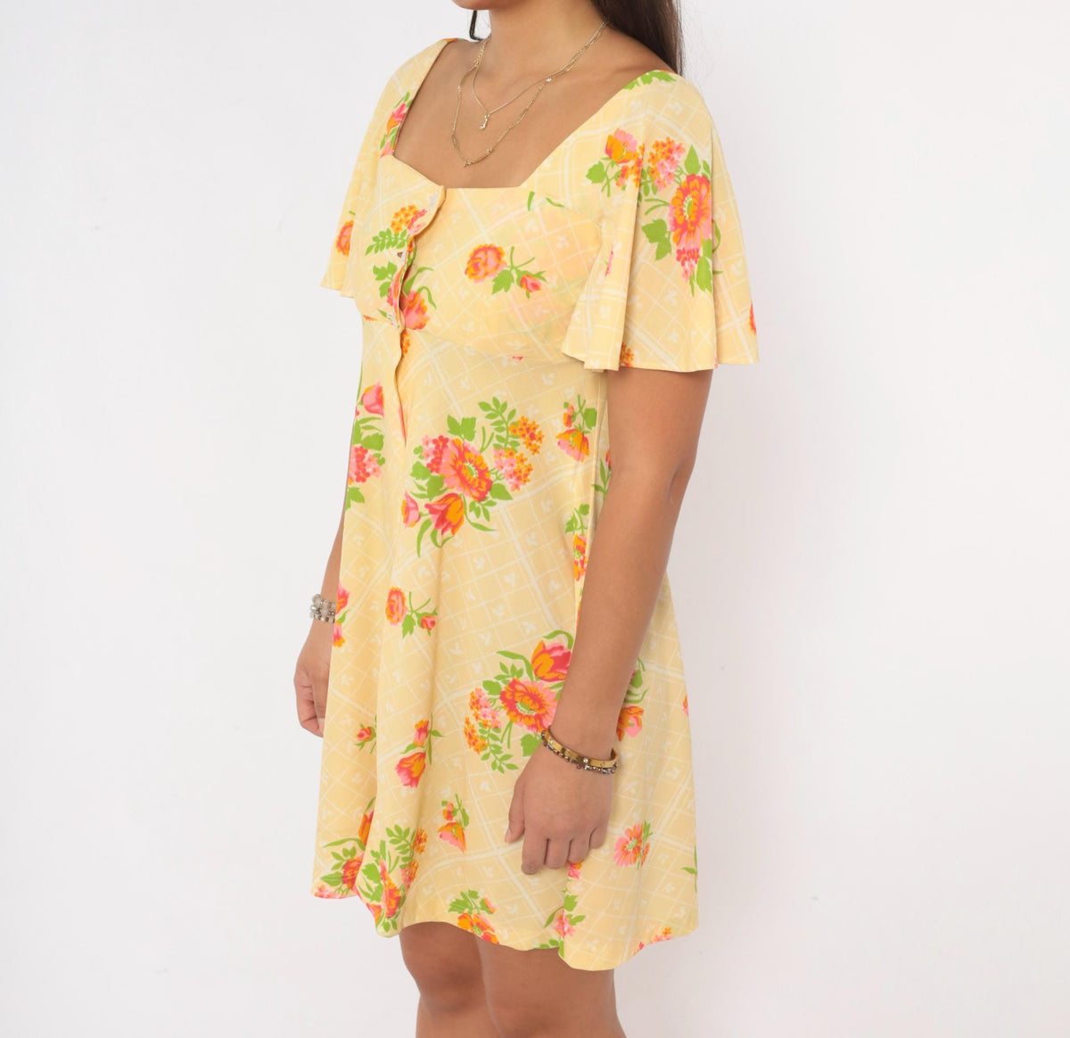 70s Floral Mini Dress Yellow Pink Flutter Sleeve Empire Waist Extra Small XS