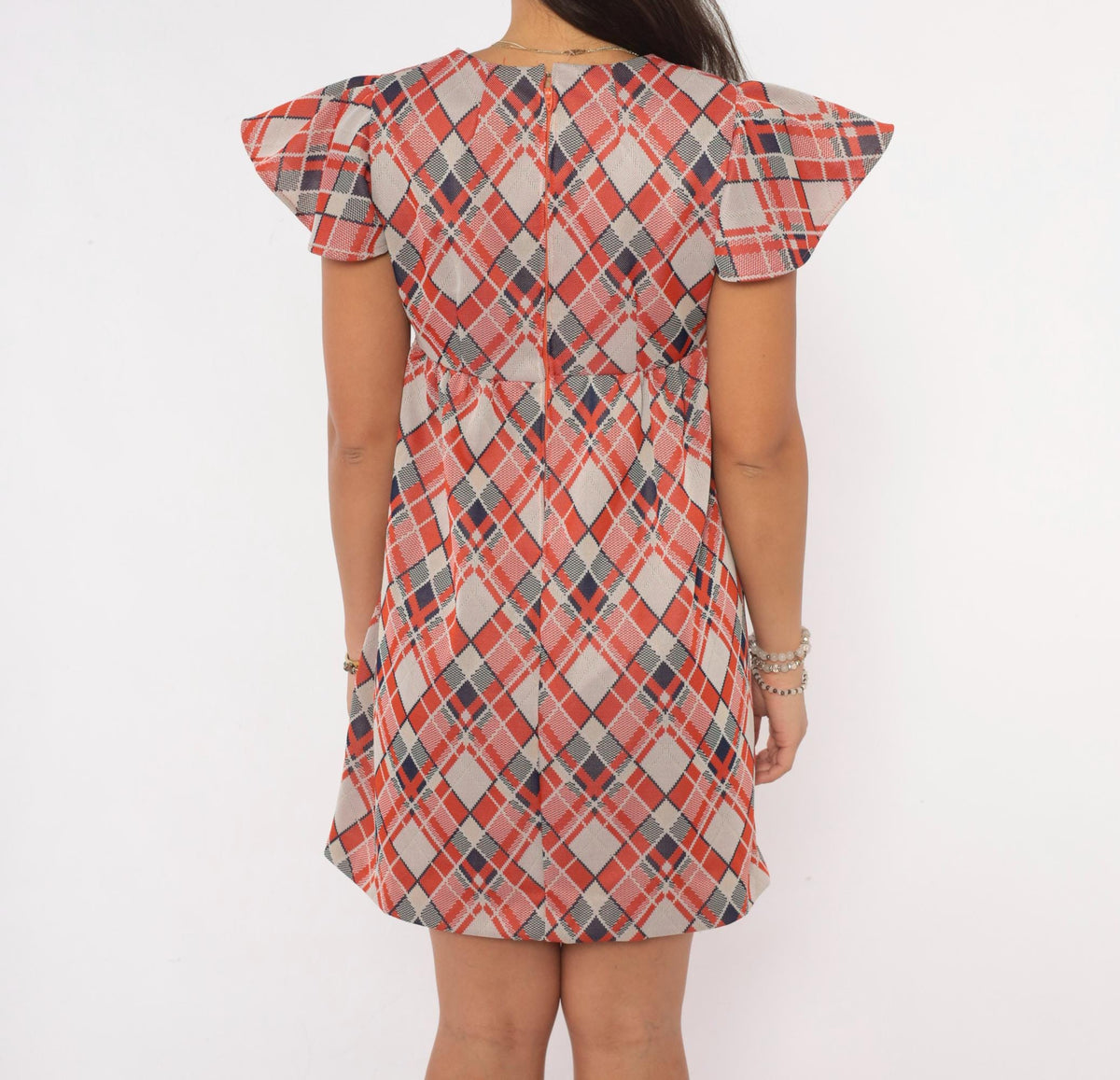 70s Argyle Plaid Mini Dress Orange Navy Cream Flutter Sleeve Empire Waist Extra Small XS