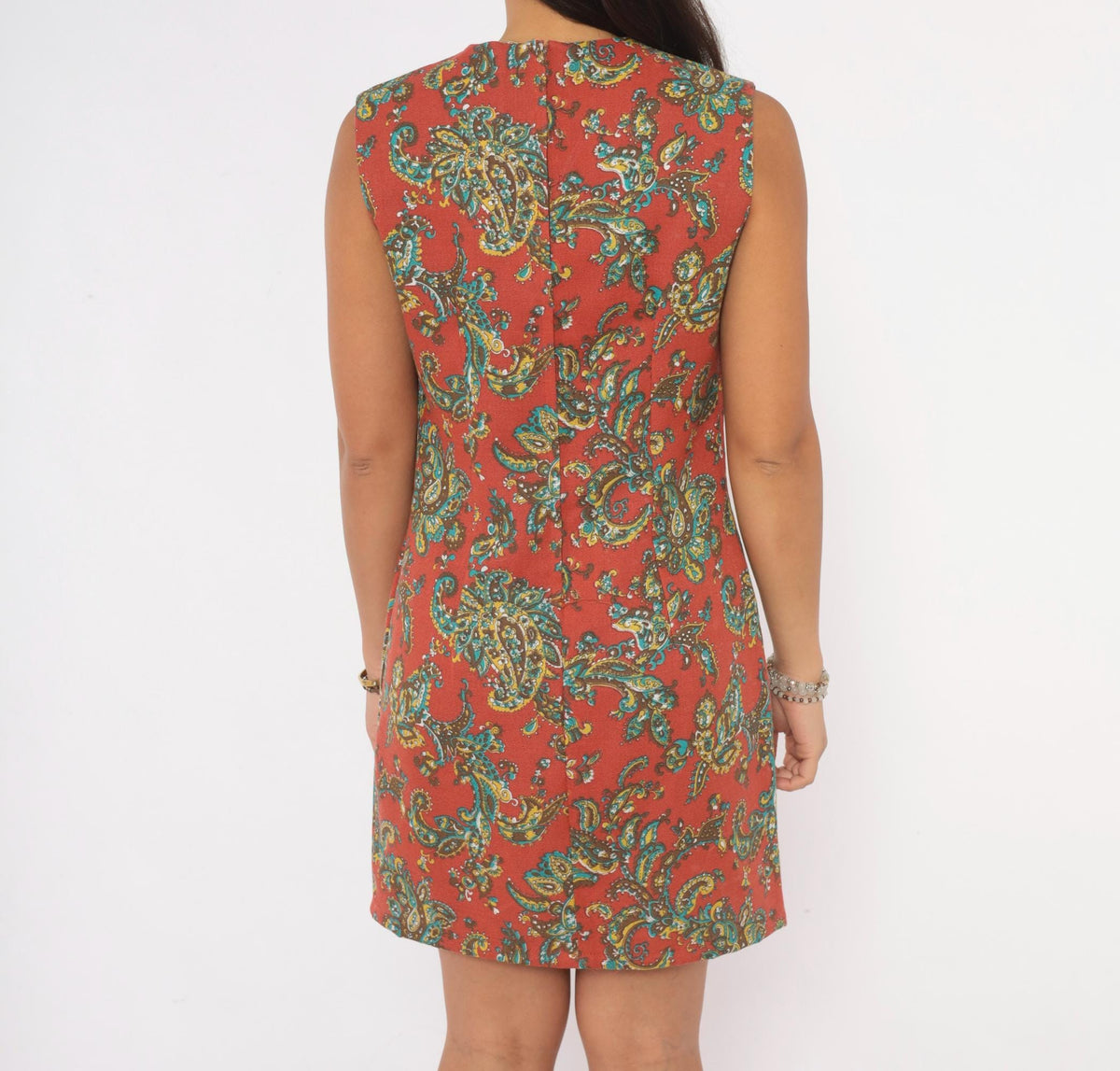60s John Abbott Paisley Shift Dress Rust Red Knee-Length A-Line Small
