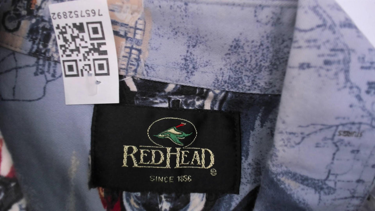 Y2K Redhead Motorcycle Print Button-Up Shirt Blue Cotton Medium