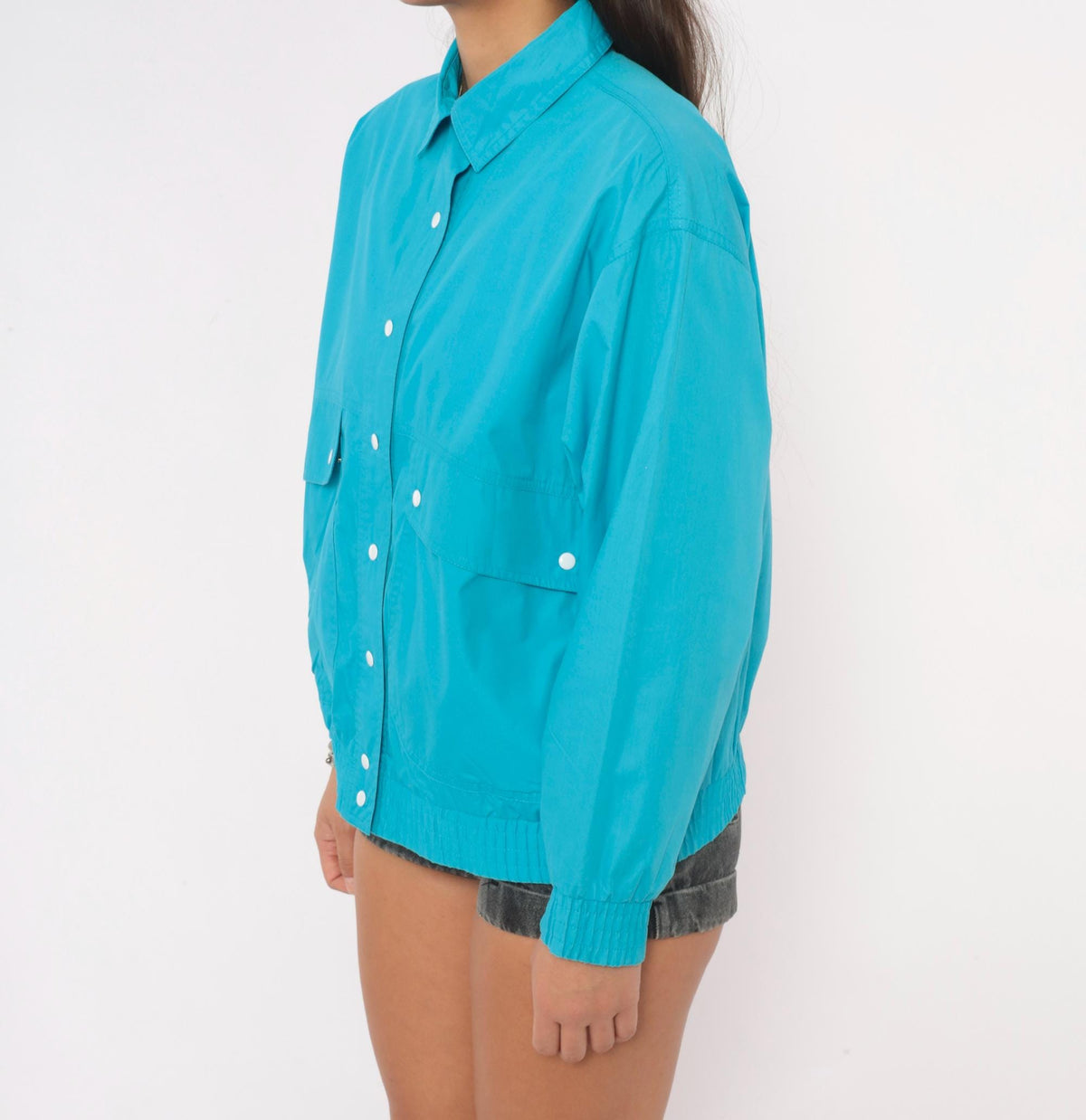 80s Koret Petites Teal Bomber Jacket Snap Front Pointed Collar Small S