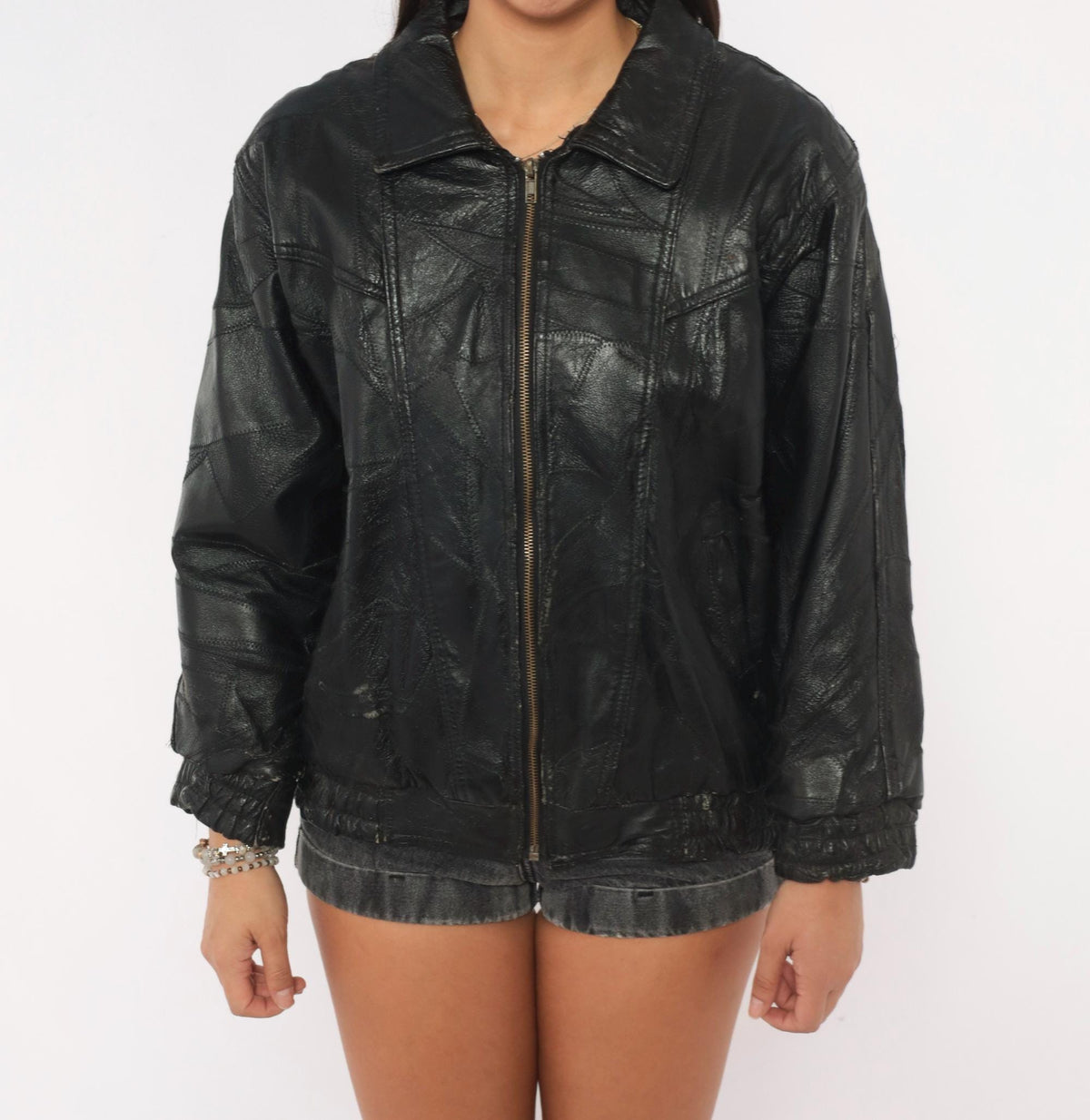 90s Italian Stone Design Black Leather Patchwork Bomber Jacket Small S
