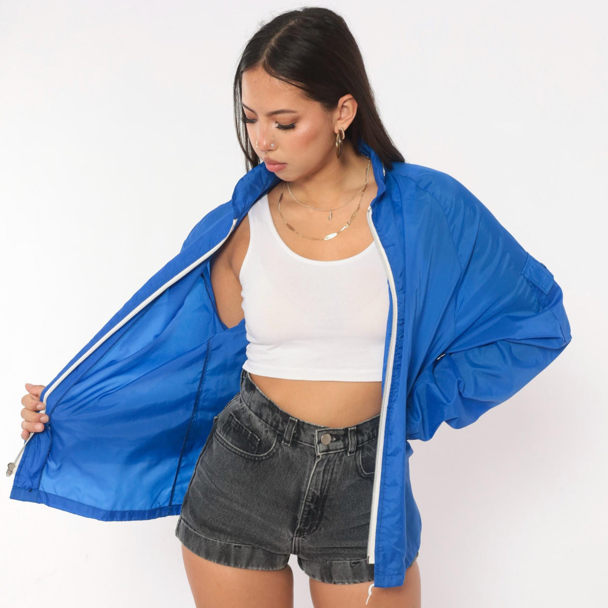 70s Cobalt Nylon Windbreaker Jacket Hooded Raglan Zip Front Royal Blue Medium
