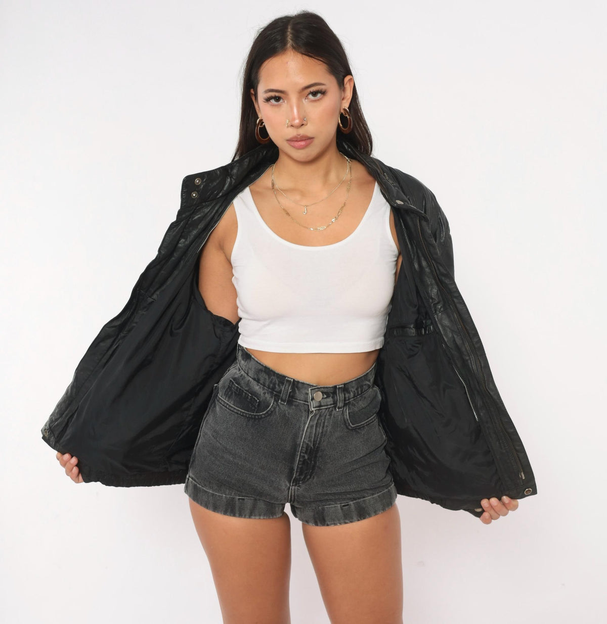90s Black Leather Bomber Jacket Golden Collection Raffaelo Moto Boxy Medium