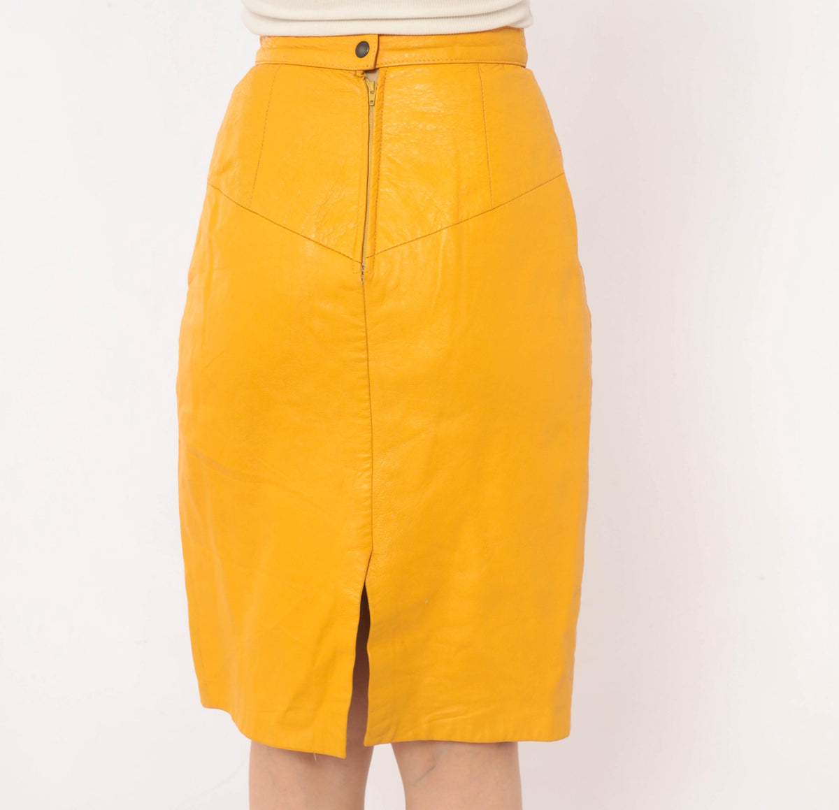 90s Forenza Mustard Yellow Leather Pencil Skirt High Waist Knee Length Extra Small XS