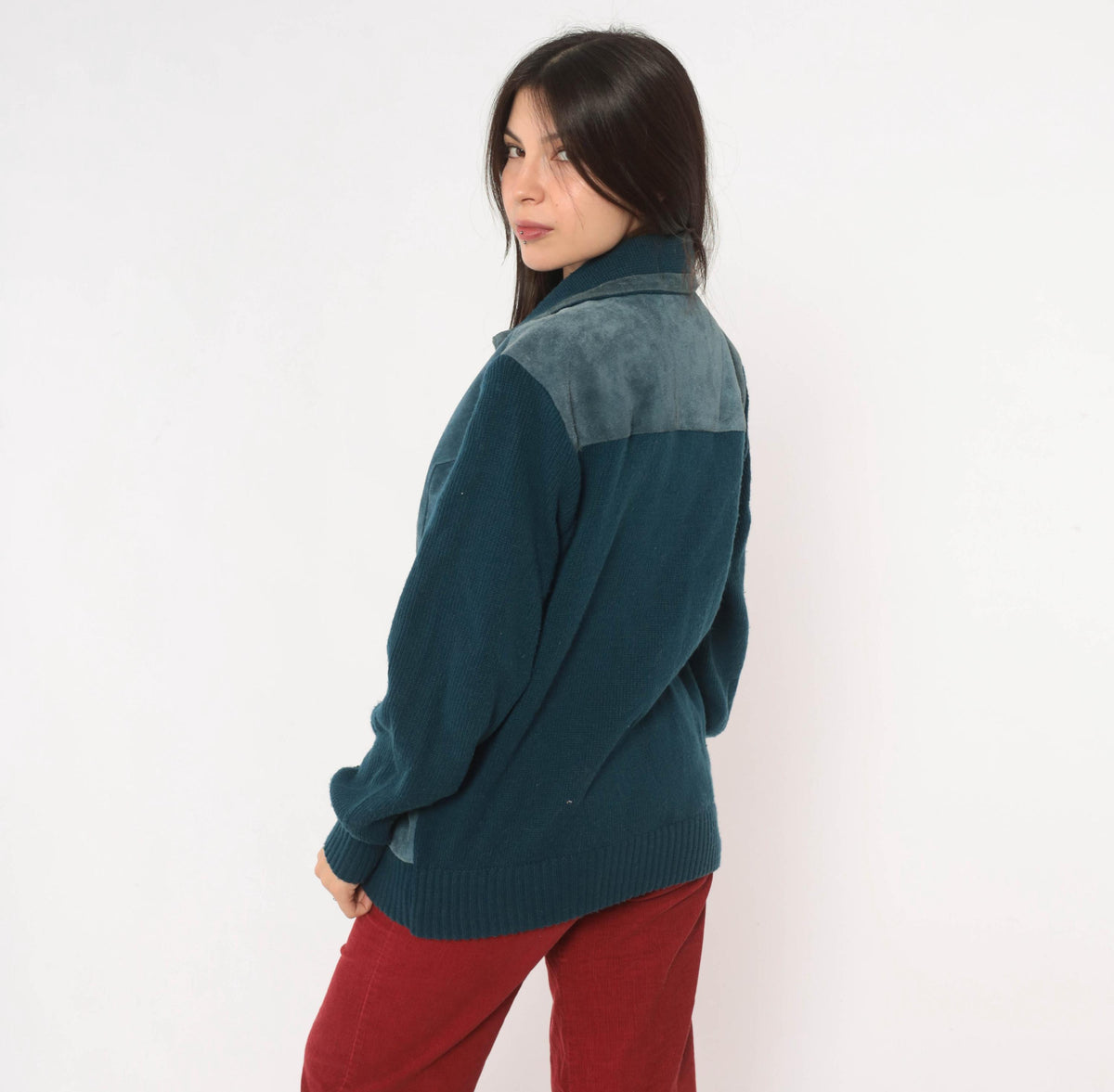 80s Mervyn's Navy Blue Suede Leather Cardigan Knit Zip Jacket Large
