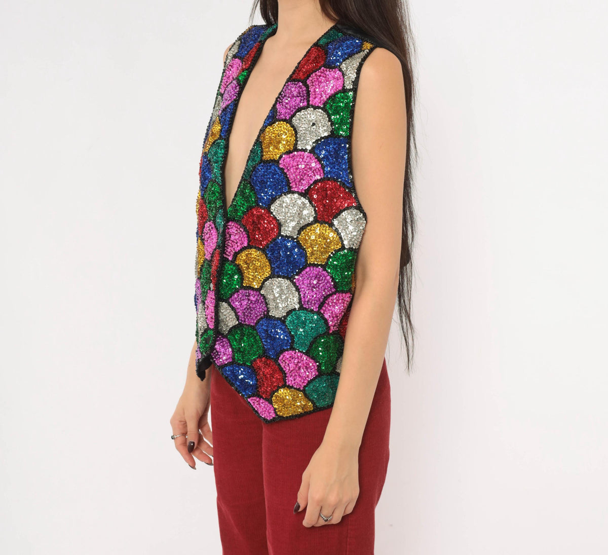 90s Ana Mori Rainbow Sequin Vest Multicolor Mosaic Scale V-Neck Large L