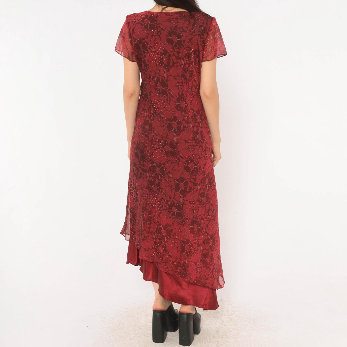 90s Burgundy Floral Midi Dress Positive Attitude Flutter Sleeve Wine Red Medium M